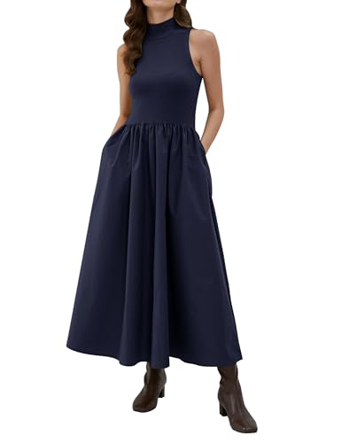 Lauweion Damen Mock Neck Sleeveless Swing Maxi Kleid Slim Fit 2023 Casual Semi Formal Flowy Knit Pullover Tank Kleid, Marineblau, Klein von Lauweion