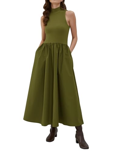 Lauweion Damen Mock Neck Sleeveless Swing Maxi Kleid Slim Fit 2023 Casual Semi Formal Flowy Knit Pullover Tank Kleid, Oliv/Blatt für mich (Leaf It to Me), Mittel von Lauweion