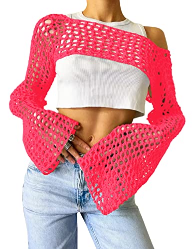 Lauweion Damen Sexy Hollow Out Crochet Strick Crop Top Grunge Y2K Fit Rückenfrei Lange Flare Ärmel Sweater Smock Top, neon pink, Mittel von Lauweion