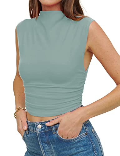 Lauweion Damen-Tanktop ohne Ärmel, Stehkragen, bauchfrei, seitlich gerafft, schmale Passform, asymmetrischer Saum, einfarbig, Basic, hoher Kragen, bauchfreies Tanktop, Grün , Mittel von Lauweion