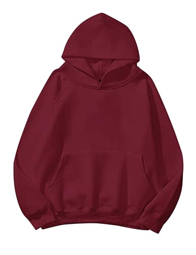 Lauweion Frauen Solide Basic Fleece Brief Lose Hoodie Sweatshirt Langarm Kängurutasche Drop Schulter Pullover Top, Burgunder, M von Lauweion