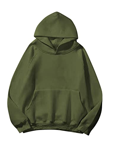 Lauweion, Damen-Kapuzenpullover, einfarbig, Fleece, Buchstaben, lockerer Schnitt, lange Ärmel, Kängurutasche, überschnittene Schultern, Grün (Army Green), L von Lauweion