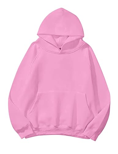 Lauweion Frauen Solide Basic Fleece Brief Lose Hoodie Sweatshirt Langarm Kängurutasche Drop Schulter Pullover Top, Pink, L von Lauweion