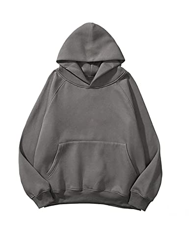 Lauweion Frauen Solide Basic Fleece Brief Lose Hoodie Sweatshirt Langarm Kängurutasche Drop Schulter Pullover Top, grau dunkel, S von Lauweion