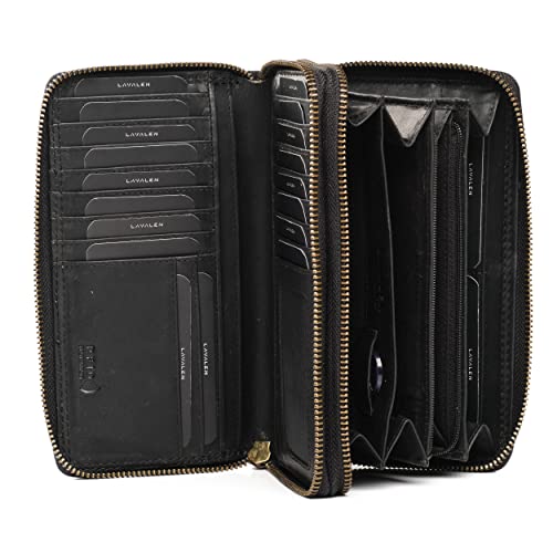 Lavalen® Geldbörse Damen Gross aus Hochwertigem Leder - Portemonnaie Damen Gross viel Platz - Geldbeutel Groß - Portmonee Leder mit RFID Schutz – Stilvolle Brieftasche für Frauen Geschenk -Schwarz von Lavalen