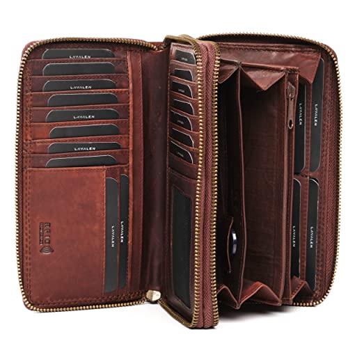 Lavalen® Geldbörse Damen Gross aus Hochwertigem Leder - Portemonnaie Damen Gross viel Platz - Geldbeutel Groß - Portmonee Leder mit RFID Schutz – Stilvolle Brieftasche für Frauen Geschenk -Braun von Lavalen