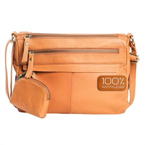 Lavalen Leder Umhängetasche Damen Mittelgroß - Ledertasche Handgefertigt - Damen Tasche Mehreren Fächern - Crossbody Bag - Mehrere Reißverschlüsse -Hochwertige Handtaschen & Handbags for Women -Cognac von Lavalen