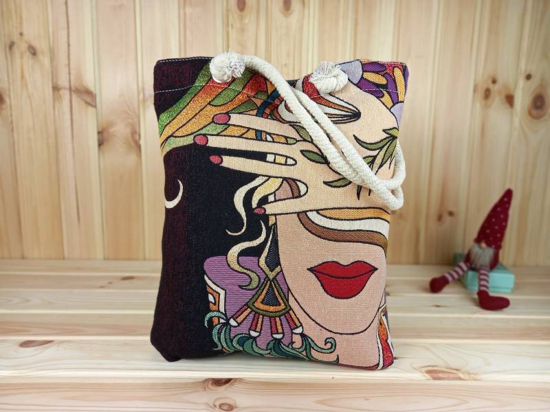 Vegan Shopper Aus % 100 Baumwolle & Samt Strandtasche Feminine Studententasche Unikat Design Schultertasche Gobelin Gewebt von LavantaCREATIV