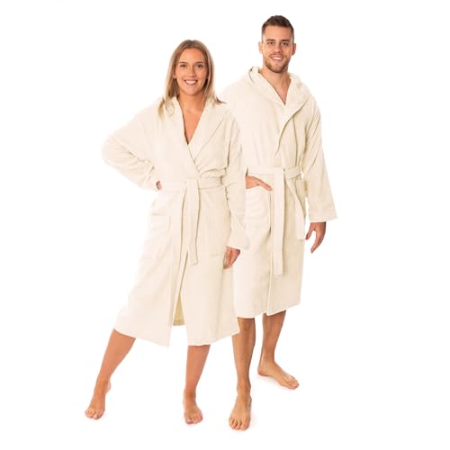 Lavea Elena Unisex Bademantel mit Kapuze – 100% gekämmte Baumwolle – luxuriös weich und super sanft – Perfekt für Damen und Herren – Für die Sauna, S, Creme Naturweiß von Lavea