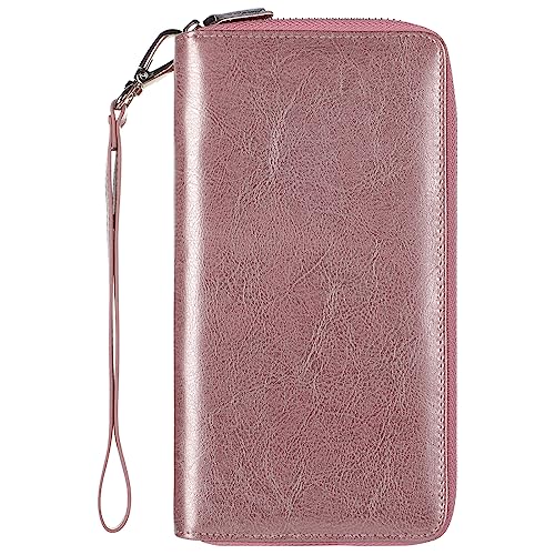 Lavemi Damen 100% Leder Doppelreißverschluss Große Kapazität RFID Blockierung Telefonhalter Clutch Reise Geldbörse mit Handschlaufe, Roségold, Einheitsgröße von Lavemi