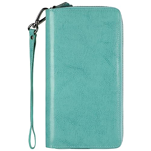 Lavemi Damen 100% Leder Doppelreißverschluss Große Kapazität RFID Blockierung Telefonhalter Clutch Reise Geldbörse mit Handschlaufe, tiffany blue, Einheitsgröße von Lavemi