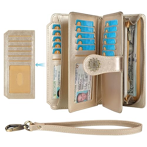 Lavemi Damen Geldbörse mit großer Kapazität, echtes Leder, RFID-blockierend, Handgelenktasche, Clutch, Kartenhalter, 2-Champion Gold, Einheitsgröße von Lavemi