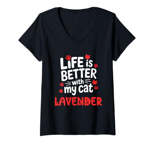 Damen Katzenname Lavendel Life is Better with My Cat Lavendel T-Shirt mit V-Ausschnitt Damen Katzenname Lavendel Life is Better with My Cat Lavendel T-Shirt mit V-Ausschnitt von Lavender Cat Name GIfts