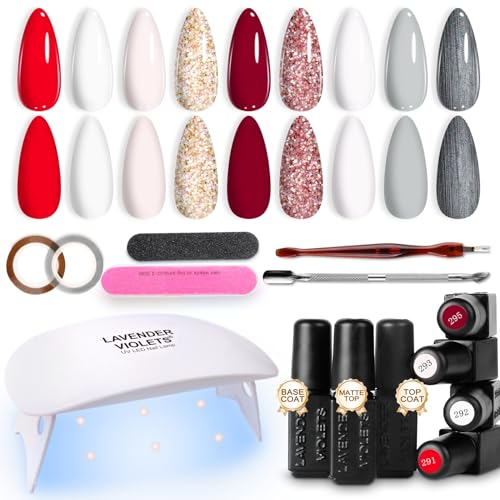 Lavender Violets 19 Stück Gel-Nagellack Tragbar LED-Nagellampe Soak Off Trockner UV-Basislack matt kein Abwischen silberfarben Aufkleber-Werkzeug-Set R651 von Lavender Violets