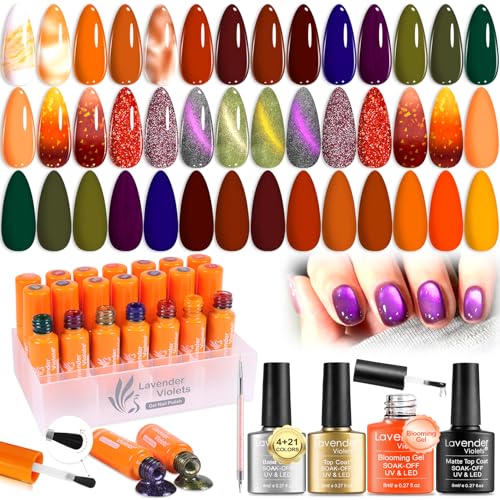Lavender Violets 25 stück UV Gel Nagellack Erdfarbe mit Blooming Gel Polish Base,Matte-Glänzende,Top Coat Nailart-Pinsel Thermo Grün Rot Maniküre Cat Eye Splitter Glitzernd Geschenke für Frauen 03 von Lavender Violets