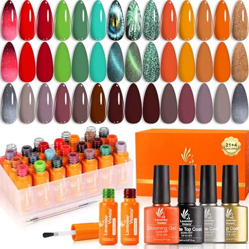 Lavender Violets 27 Stück UV-Gel-Nagellack Magische Katzenaugen & Thermo-Effekt Farben mit Foundation-Kit Blooming Gel Shellac Unterlack, Glänzend n Matte Decklack Dotting Drawing Nagelbürste C404 von Lavender Violets
