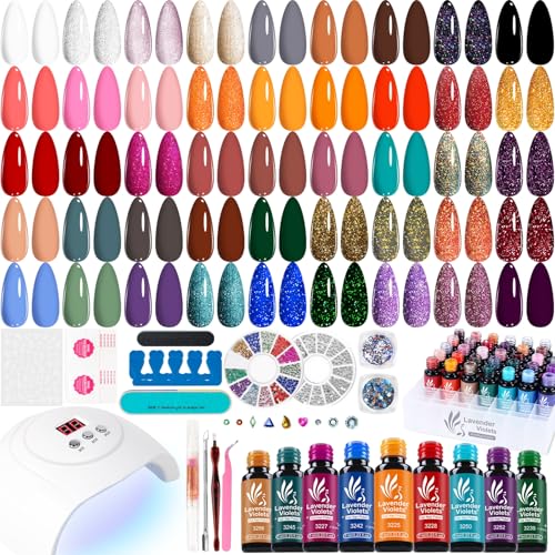 Lavender Violets 73 Stück UV Nagellack Set mit 54W Led Lampe härtenden Trockner, 45 + 4 Farben, Nail Primer, Base,Matte & No Wipe Top Coat Geschenke Maniküre-Tools Abziehbild Aufkleber Remover LA06 von Lavender Violets