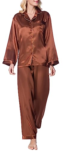 Lavenderi Damen-Pyjama-Set mit langen Ärmeln, aus Satin. - Braun - X-Large von Lavenderi