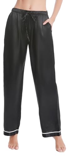 Lavenderi Damen-Pyjamahose aus Seide, Satin, Lange Schlafhose mit Kordelzug - Schwarz - Small von Lavenderi