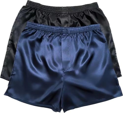 Lavenderi Herren Seidensatin Boxershorts, Pyjama-Shorts, Schwarz + Marineblau, 2er-Pack, Large von Lavenderi