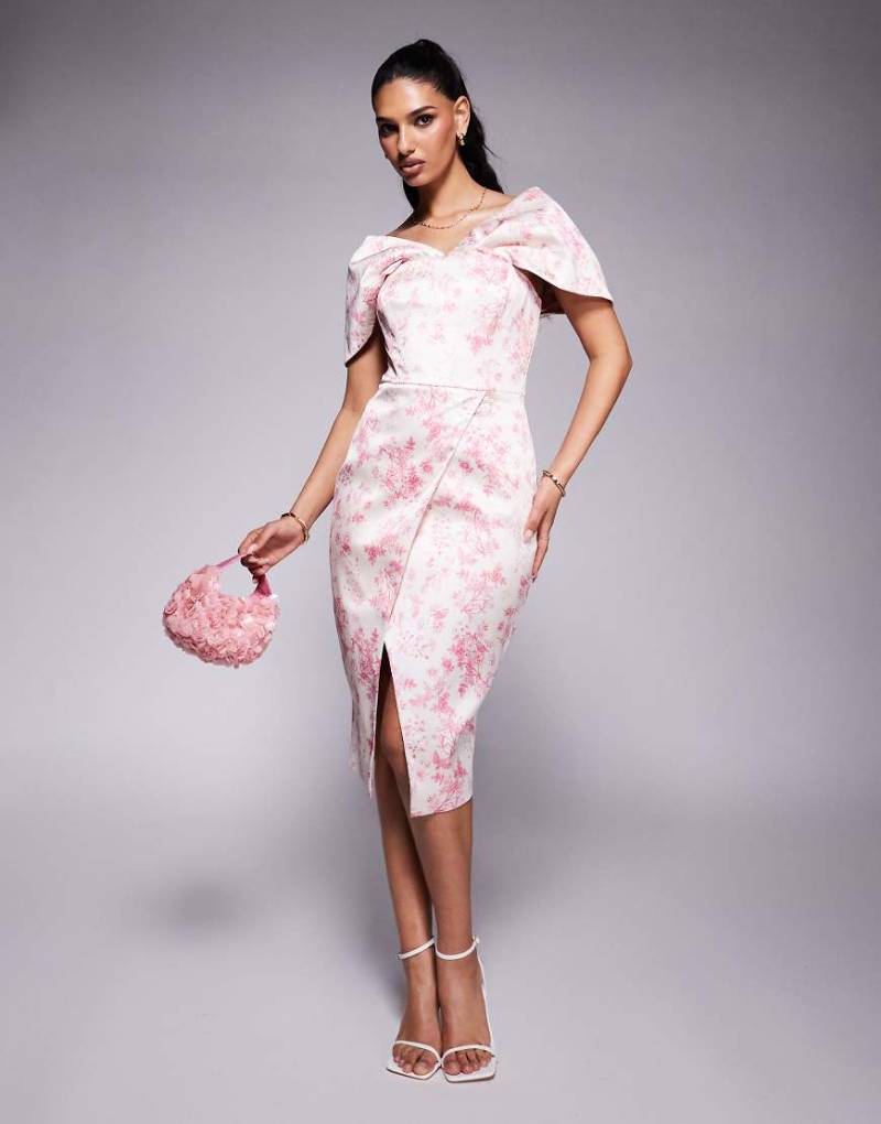 Lavish Alice - Drapiertes Bardot-Midikleid aus verstärktem Satin in Fuchsia mit Porzellanprint-Rosa von Lavish Alice