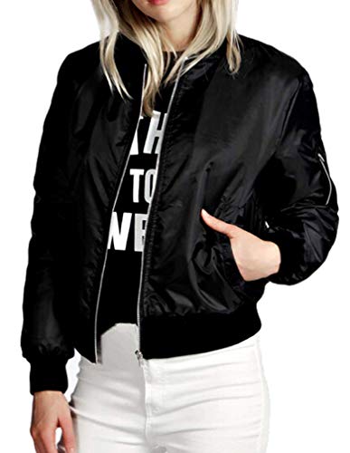 Lavnis Damen leichte Bomberjacke Casual Langarm Fall Mantel Reißverschluss Oberbekleidung Windbreaker - Schwarz - X-Groß von Lavnis