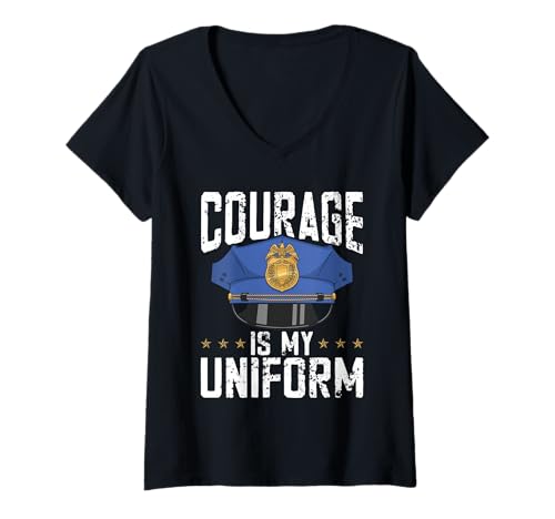 Damen Ehrenabzeichen für Polizeibeamte: Courage is My Uniform T-Shirt mit V-Ausschnitt von Law Enforcement Courage Police Officer Uniform