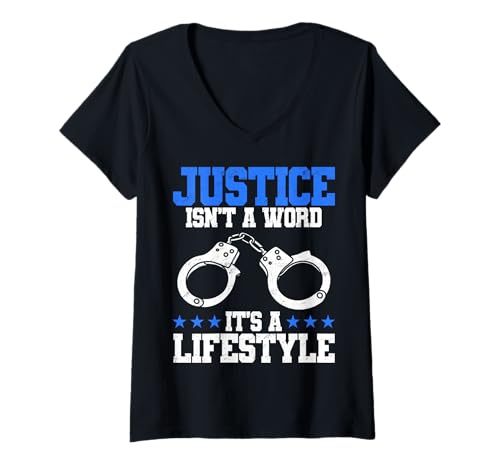 Damen Polizist, Gerechtigkeit ist kein Wort, es ist EIN Lebensstil T-Shirt mit V-Ausschnitt Damen Polizist, Gerechtigkeit ist kein Wort, es ist EIN Lebensstil T-Shirt mit V-Ausschnitt von Law Enforcement Police Officer Justice Lifestyle