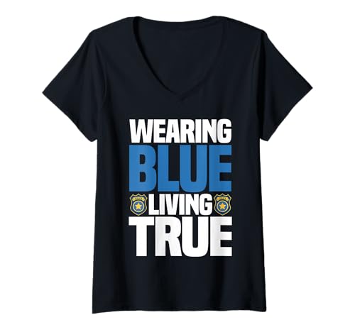 Damen Polizist trägt Blue Living True Law Enforcement T-Shirt mit V-Ausschnitt von Law Enforcement Support Police Officer