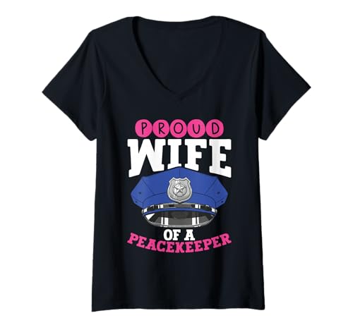 Damen Polizist, stolze Ehefrau eines Friedenswächters, unterstützt T-Shirt mit V-Ausschnitt Damen Polizist, stolze Ehefrau eines Friedenswächters, unterstützt T-Shirt mit V-Ausschnitt von Law Enforcement Wife Police Officer Pride