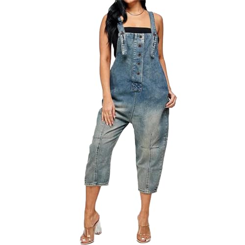 Lawawa Damen Jeanslatzhose Latzhose Retro Jeanshose Denim Jumpsuit Slim Jeanslatzhose Overall Jumpsuit Playsuit Jeans Hosenanzug Lang Trägerhose von Lawawa