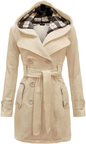 Lawawa Damen Mantel Lang Wintermantel Warme Kapuze Zweireihige Revers Winterjacke Trenchcoat Outwear mit Kapuze Übergangsmantel Winter Elegant Outdoorjacke von Lawawa