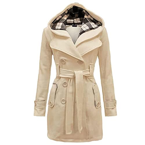 Lawawa Damen Mantel Lang Wintermantel Warme Kapuze Zweireihige Revers Winterjacke Trenchcoat Outwear mit Kapuze Übergangsmantel Winter Elegant Outdoorjacke von Lawawa