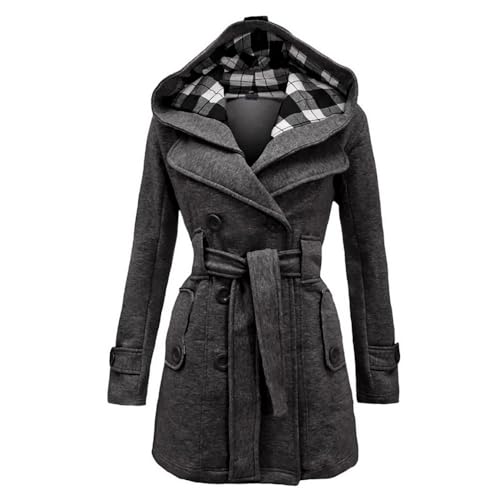 Lawawa Damen Mantel Lang Wintermantel Warme Kapuze Zweireihige Revers Winterjacke Trenchcoat Outwear mit Kapuze Übergangsmantel Winter Elegant Outdoorjacke von Lawawa