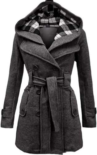 Lawawa Damen Mantel Lang Wintermantel Warme Kapuze Zweireihige Revers Winterjacke Trenchcoat Outwear mit Kapuze Übergangsmantel Winter Elegant Outdoorjacke von Lawawa