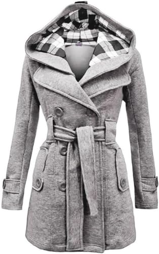 Lawawa Damen Mantel Lang Wintermantel Warme Kapuze Zweireihige Revers Winterjacke Trenchcoat Outwear mit Kapuze Übergangsmantel Winter Elegant Outdoorjacke von Lawawa