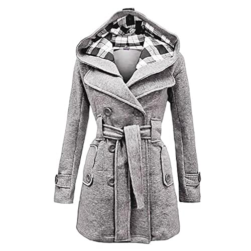 Lawawa Damen Mantel Lang Wintermantel Warme Kapuze Zweireihige Revers Winterjacke Trenchcoat Outwear mit Kapuze Übergangsmantel Winter Elegant Outdoorjacke von Lawawa