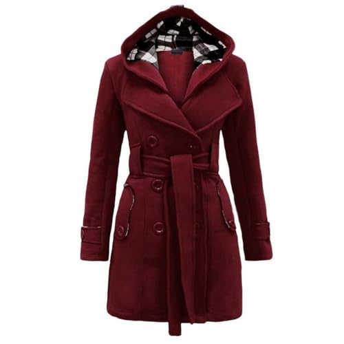 Lawawa Damen Mantel Lang Wintermantel Warme Kapuze Zweireihige Revers Winterjacke Trenchcoat Outwear mit Kapuze Übergangsmantel Winter Elegant Outdoorjacke von Lawawa