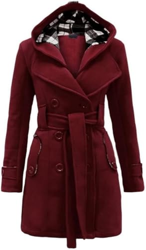 Lawawa Damen Mantel Lang Wintermantel Warme Kapuze Zweireihige Revers Winterjacke Trenchcoat Outwear mit Kapuze Übergangsmantel Winter Elegant Outdoorjacke von Lawawa