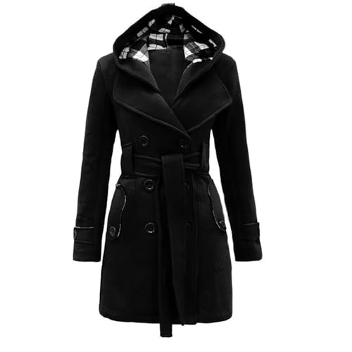 Lawawa Damen Mantel Lang Wintermantel Warme Kapuze Zweireihige Revers Winterjacke Trenchcoat Outwear mit Kapuze Übergangsmantel Winter Elegant Outdoorjacke von Lawawa
