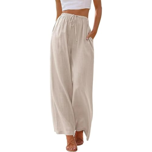 Lawawa Leinenhose Damen Hosen Sommer Leinen Baumwolle Stoffhose Einfarbig Freizeithose Stoffhose Weite Beine Sommerhose mit Tunnelzug und Taschen von Lawawa