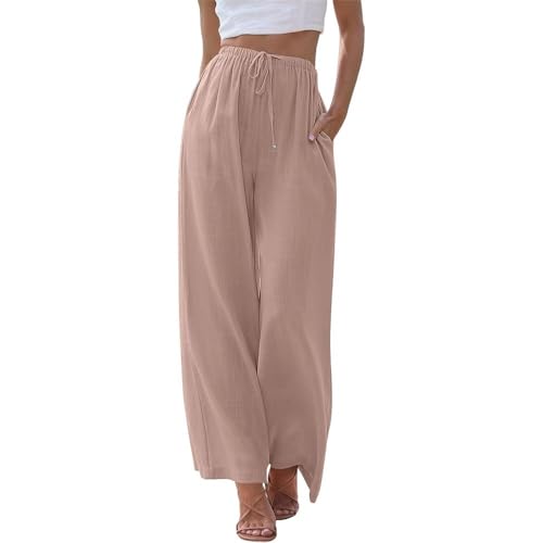 Lawawa Leinenhose Damen Hosen Sommer Leinen Baumwolle Stoffhose Einfarbig Freizeithose Stoffhose Weite Beine Sommerhose mit Tunnelzug und Taschen von Lawawa