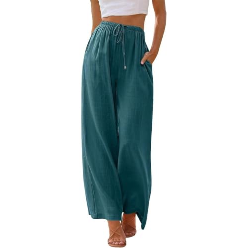 Lawawa Leinenhose Damen Hosen Sommer Leinen Baumwolle Stoffhose Einfarbig Freizeithose Stoffhose Weite Beine Sommerhose mit Tunnelzug und Taschen von Lawawa