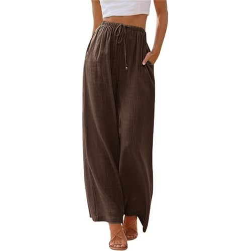 Lawawa Leinenhose Damen Hosen Sommer Leinen Baumwolle Stoffhose Einfarbig Freizeithose Stoffhose Weite Beine Sommerhose mit Tunnelzug und Taschen von Lawawa