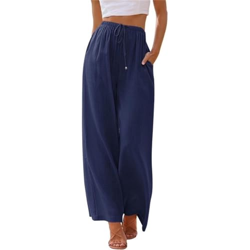 Lawawa Leinenhose Damen Hosen Sommer Leinen Baumwolle Stoffhose Einfarbig Freizeithose Stoffhose Weite Beine Sommerhose mit Tunnelzug und Taschen von Lawawa