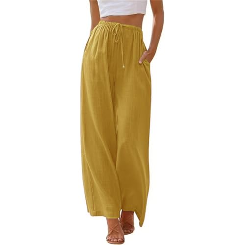 Lawawa Leinenhose Damen Hosen Sommer Leinen Baumwolle Stoffhose Einfarbig Freizeithose Stoffhose Weite Beine Sommerhose mit Tunnelzug und Taschen von Lawawa