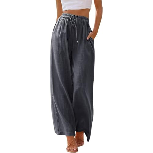 Lawawa Leinenhose Damen Hosen Sommer Leinen Baumwolle Stoffhose Einfarbig Freizeithose Stoffhose Weite Beine Sommerhose mit Tunnelzug und Taschen von Lawawa