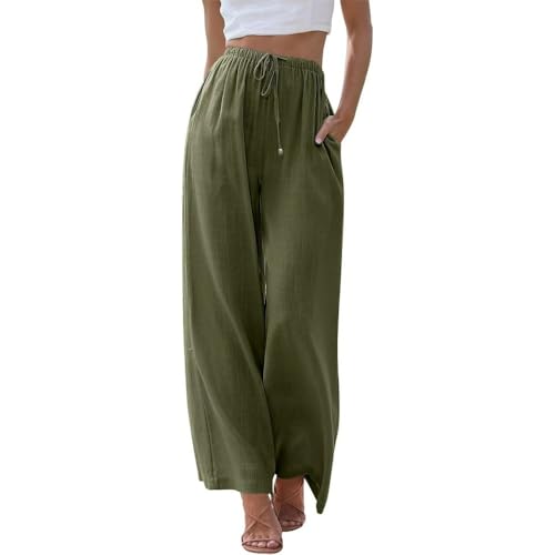 Lawawa Leinenhose Damen Hosen Sommer Leinen Baumwolle Stoffhose Einfarbig Freizeithose Stoffhose Weite Beine Sommerhose mit Tunnelzug und Taschen von Lawawa