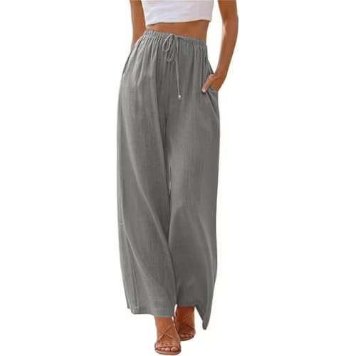 Lawawa Leinenhose Damen Hosen Sommer Leinen Baumwolle Stoffhose Einfarbig Freizeithose Stoffhose Weite Beine Sommerhose mit Tunnelzug und Taschen von Lawawa