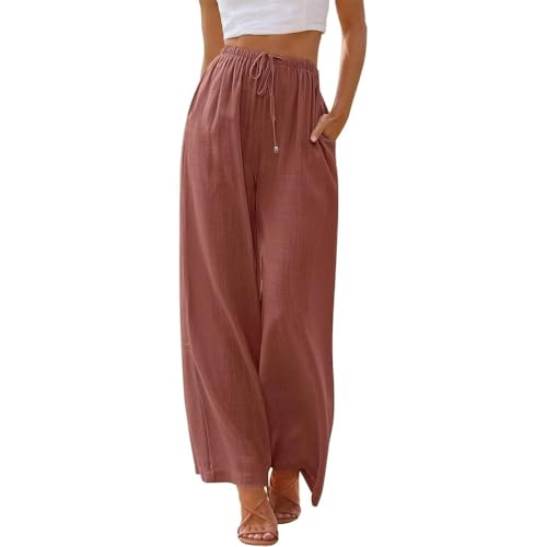 Lawawa Leinenhose Damen Hosen Sommer Leinen Baumwolle Stoffhose Einfarbig Freizeithose Stoffhose Weite Beine Sommerhose mit Tunnelzug und Taschen von Lawawa